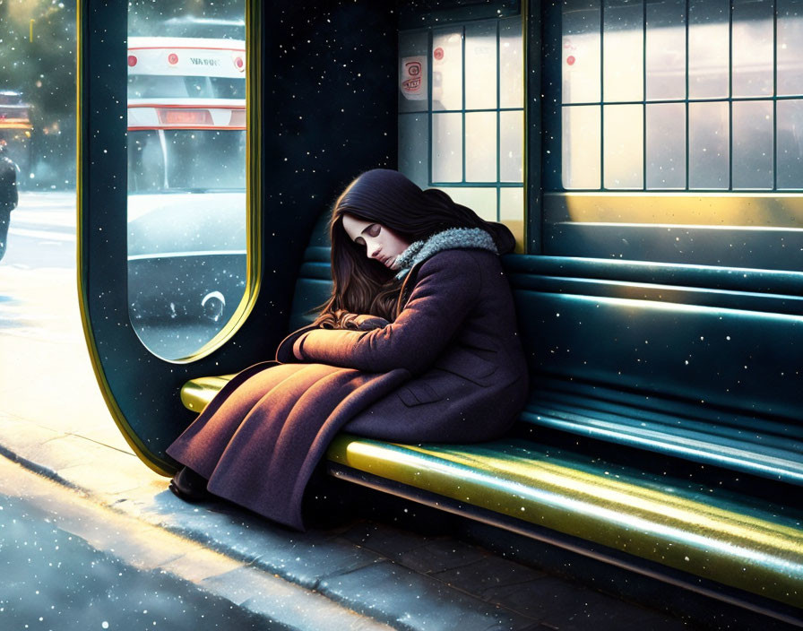 Young woman sleeping on bus seat in winter night snowfall