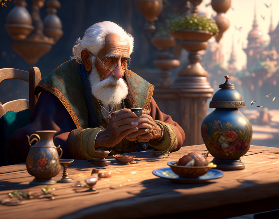 Elderly bearded man in fantasy setting with cup and pottery, tranquil village in background