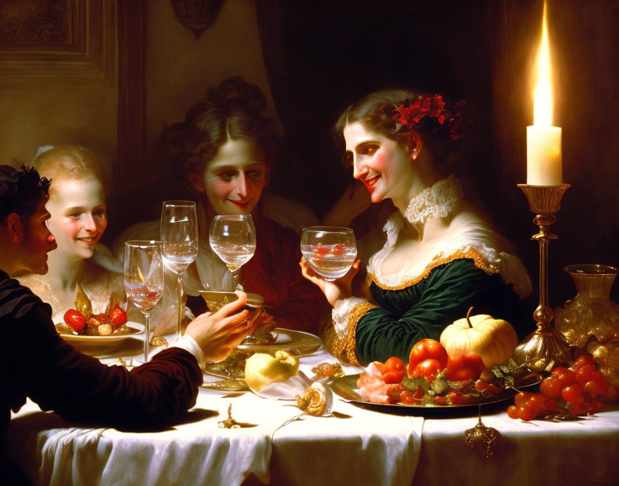 Four women banquet with fruits, wine, and candle in warm setting