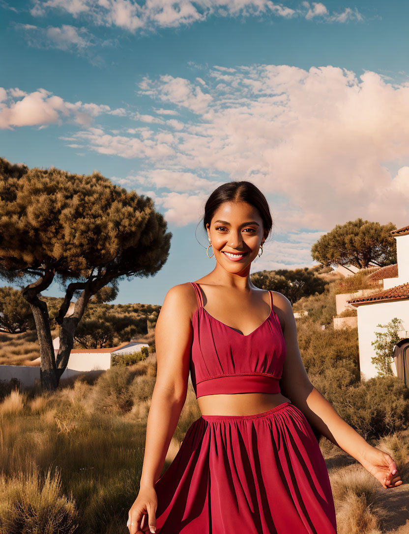 Smiling woman in red dress outdoors with trees and buildings