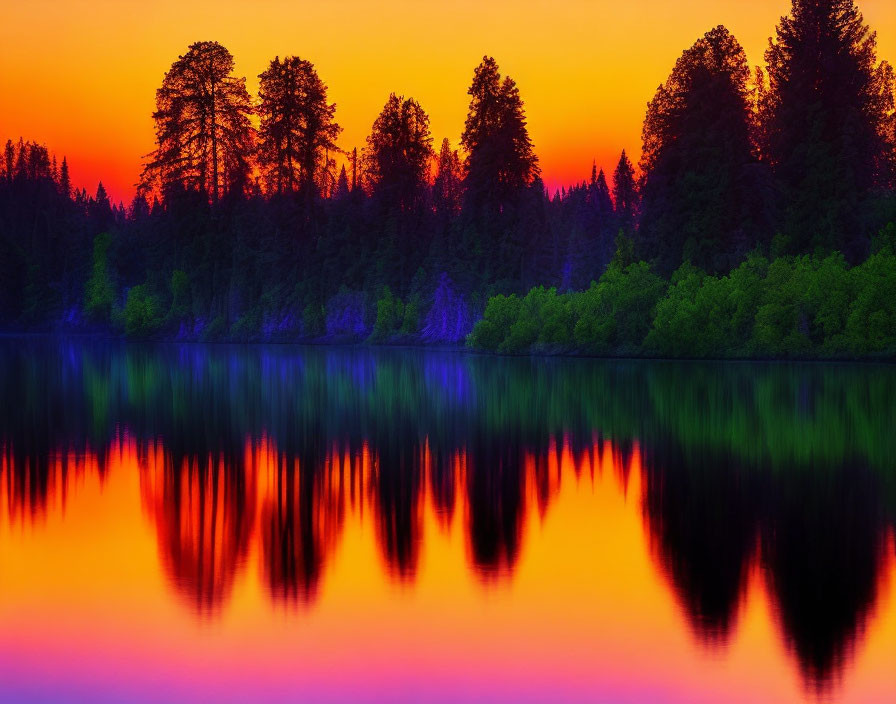 Tranquil lake at sunset with purple and orange sky