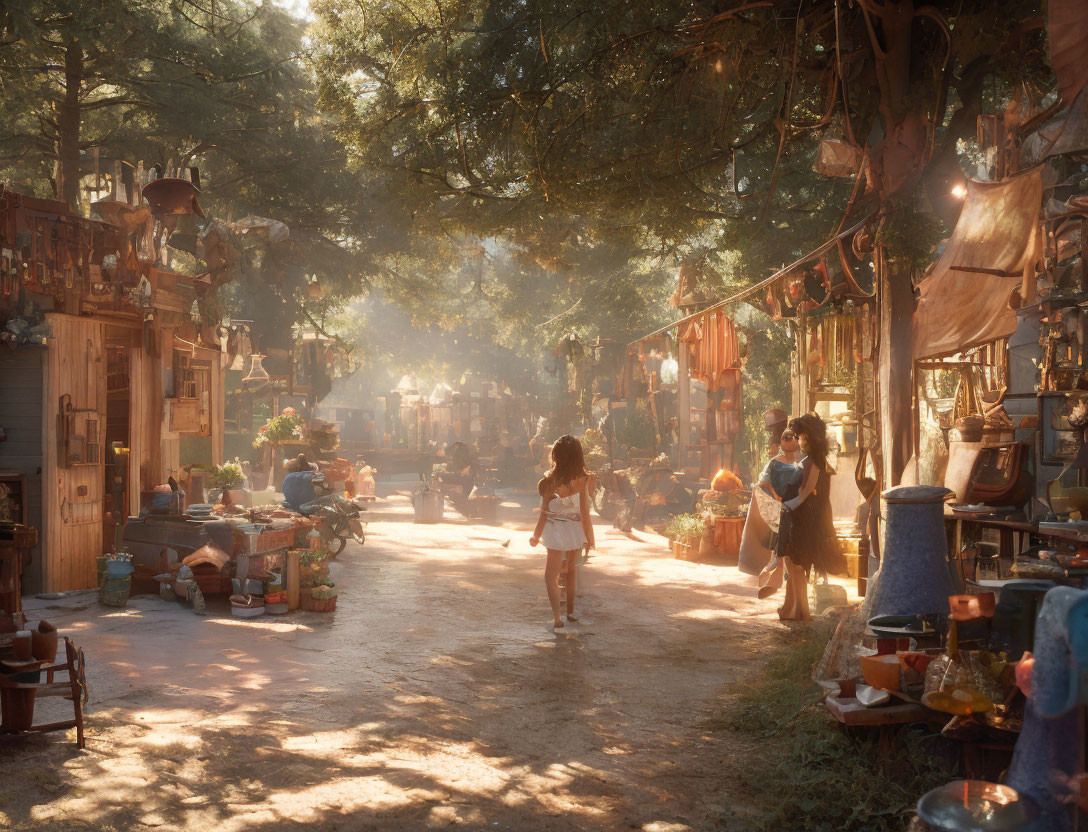 Outdoor Marketplace with Sunlight and People Shopping