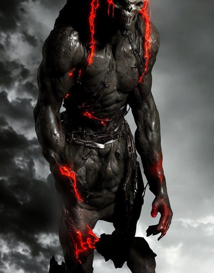 Monstrous figure with glowing red cracks under stormy sky