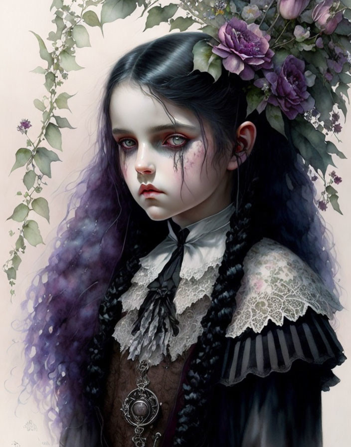 Gothic-style painting of girl with purple hair and red eyes