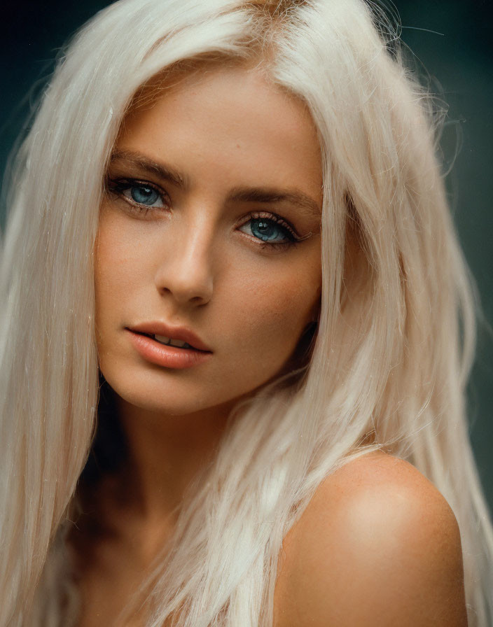 Portrait of woman with long white hair and blue eyes.