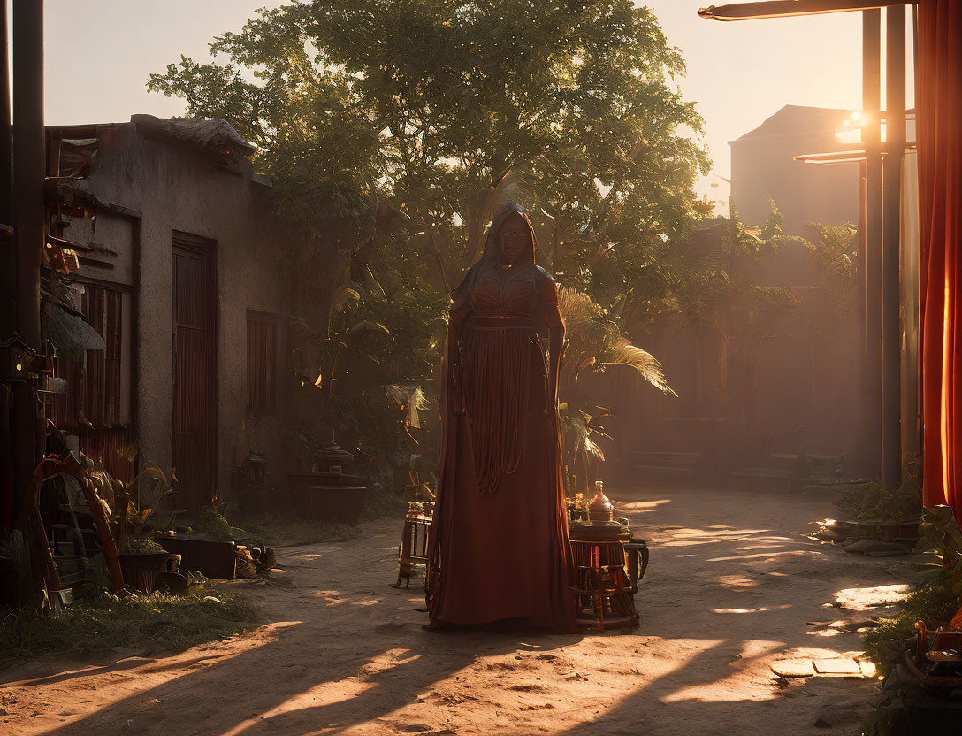 Majestic robed figure in sunlit alley with abandoned items