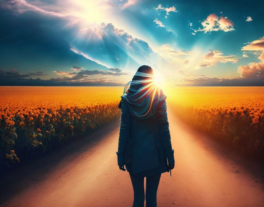 Person standing in sunflower field at sunset with sun rays piercing clouds