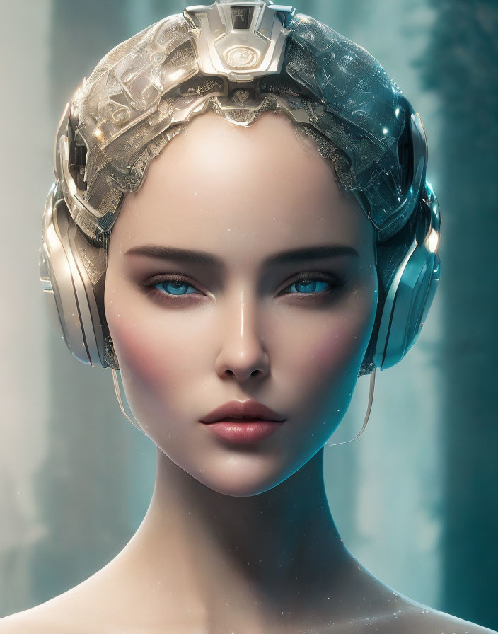 Detailed Female Humanoid Robot with Mechanical Scalp and Headphones