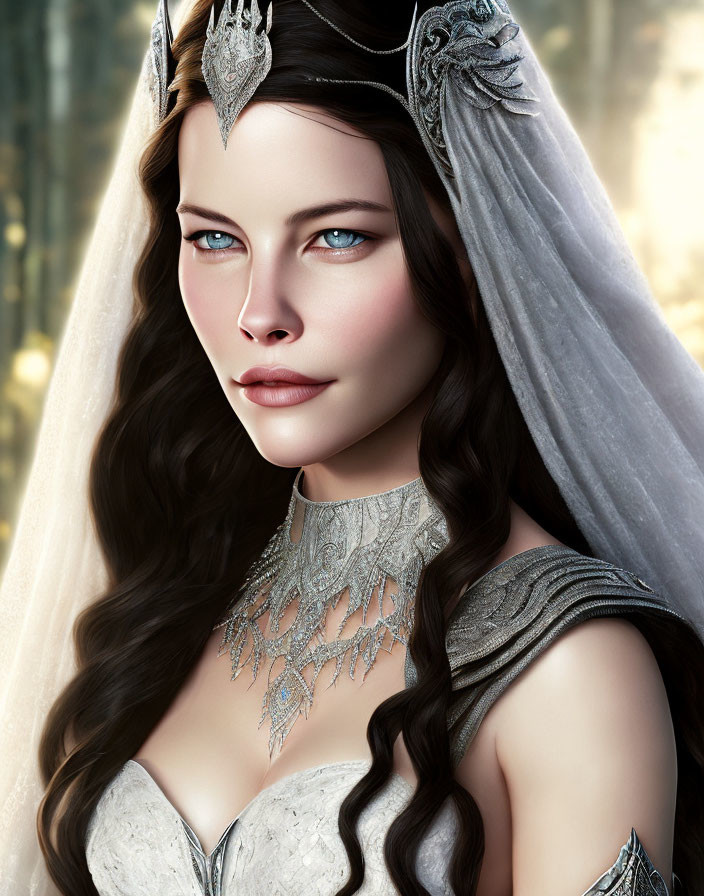 Fantasy queen digital portrait with blue eyes, silver crown, and forest backdrop