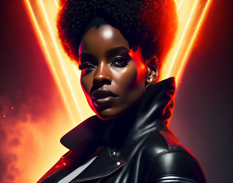 Woman with Striking Makeup and Afro Hair in Leather Jacket on Red and Orange Backlit Background