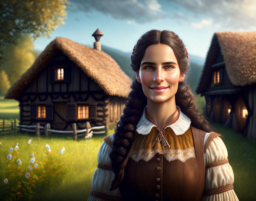 Smiling woman in historical clothing with braided hair in serene countryside