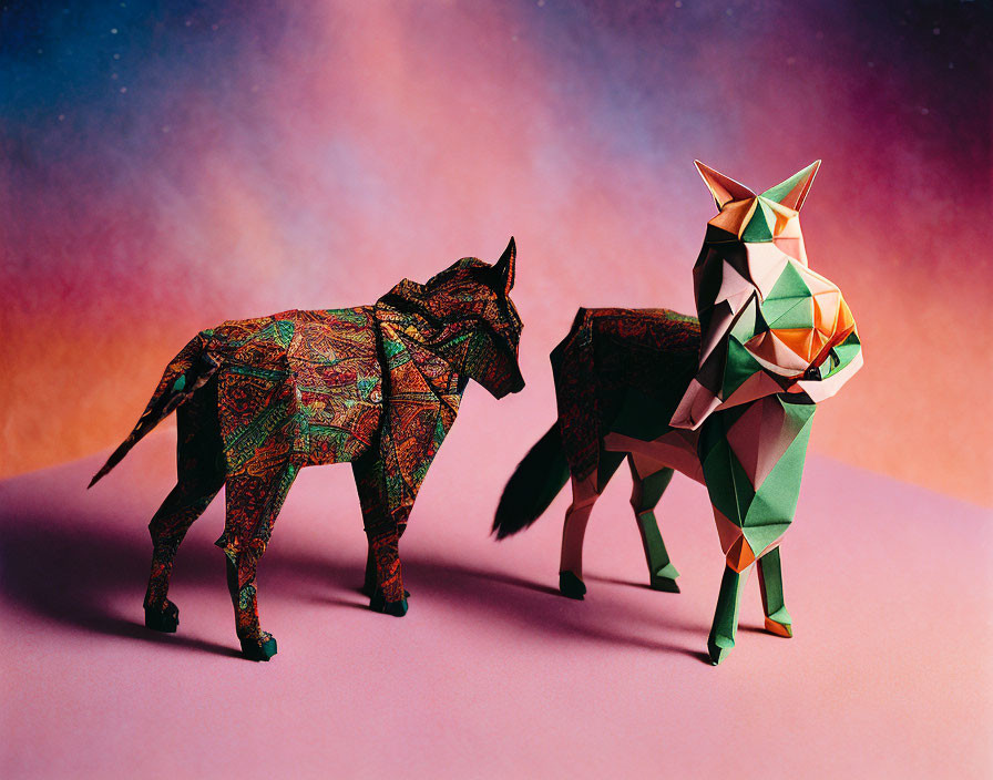 Origami-style wolf and deer sculptures with vibrant colors on pink and blue background