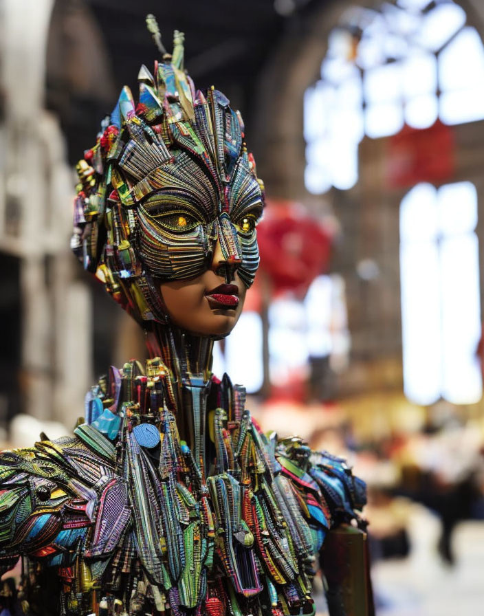 Colorful Headpiece and Costume with Patterned Strips on Blurred Indoor Background