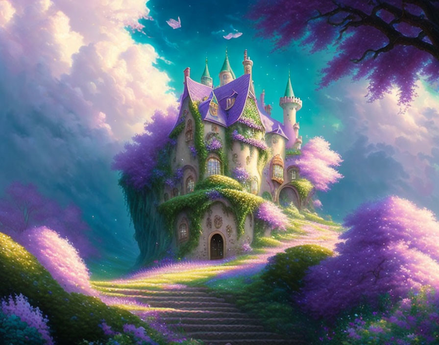 Fantasy castle with ivy and purple flowers in magical landscape