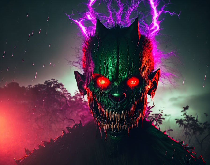 Menacing green monster with red eyes in stormy scene