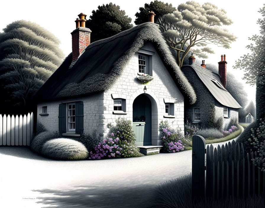 Quaint Thatched Cottage with White Façade and Picket Fence