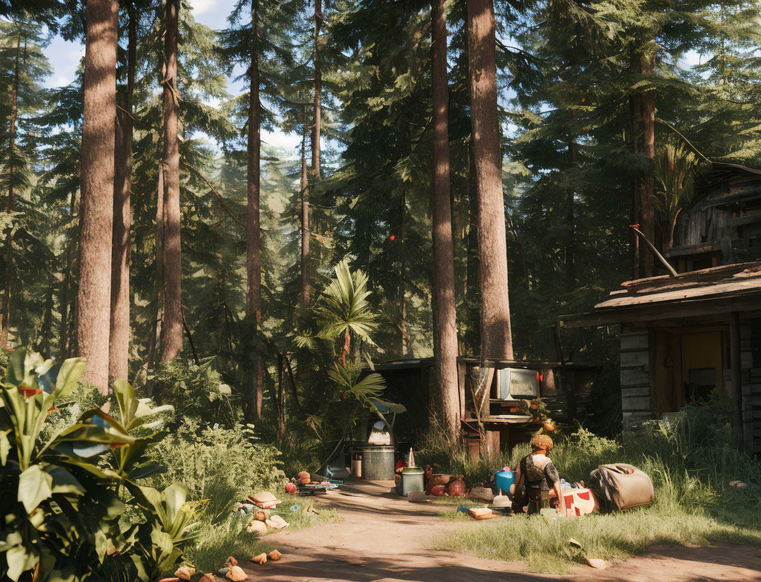 Sunlit Forest Scene: Old Cabin Amidst Tall Trees