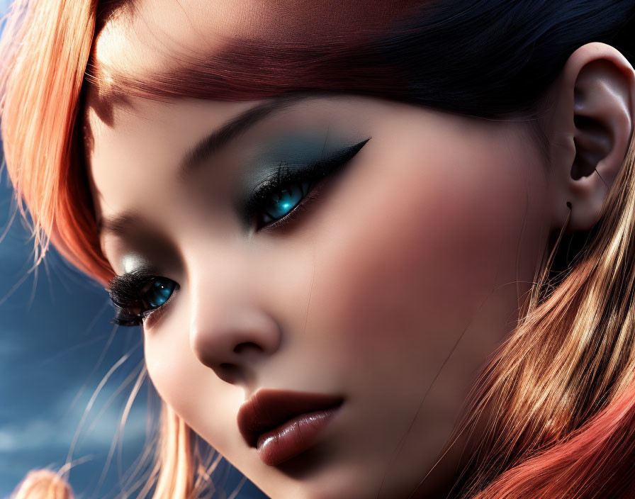 Striking 3D-rendered female with teal eyes and bold makeup against twilight sky