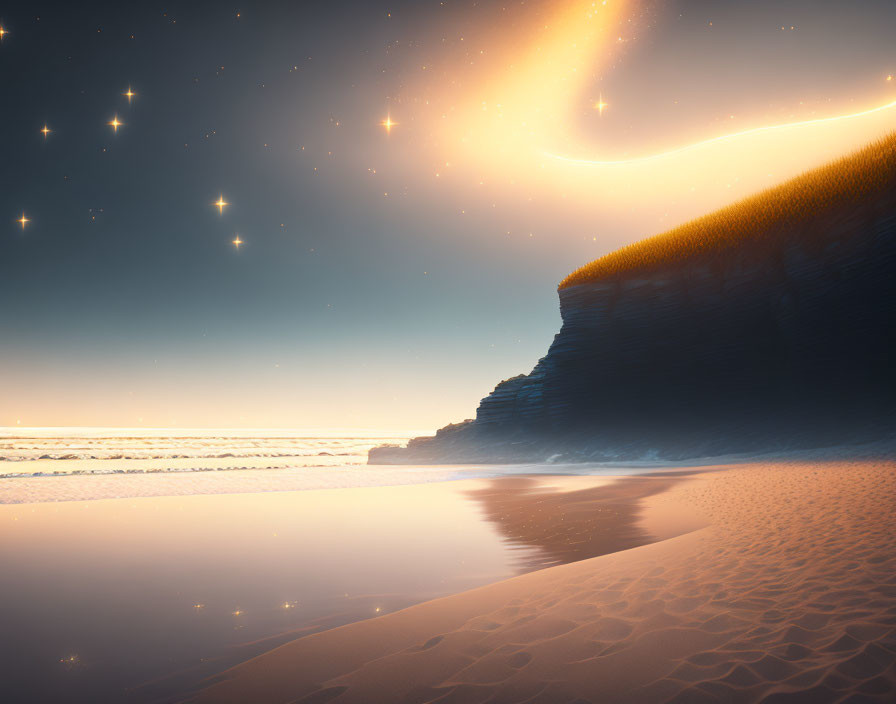 Twilight beach scene with starry sky, glowing celestial body, and grassy cliff.