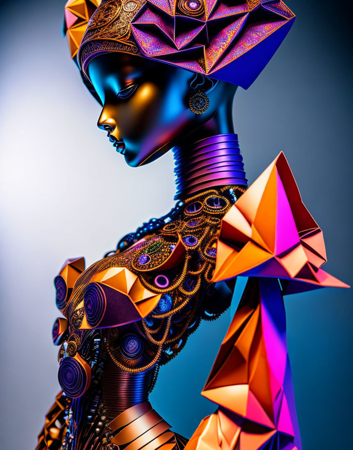 Futuristic regal figure with vivid colors and geometric patterns