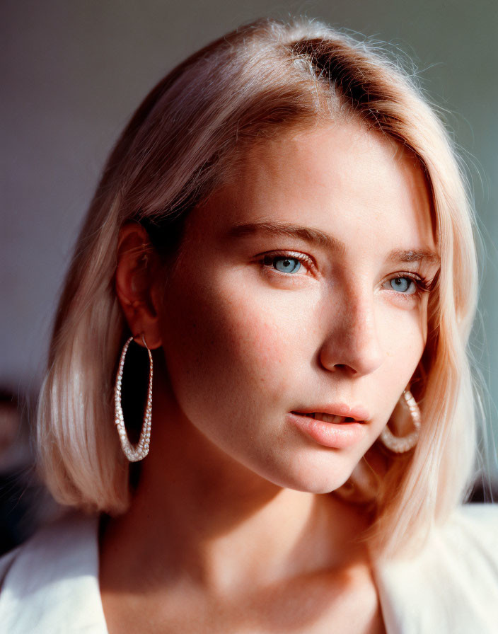 Blond woman with blue eyes and hoop earrings in soft light