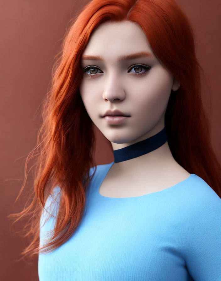 Vibrant red hair woman in blue top and black choker - 3D rendered image