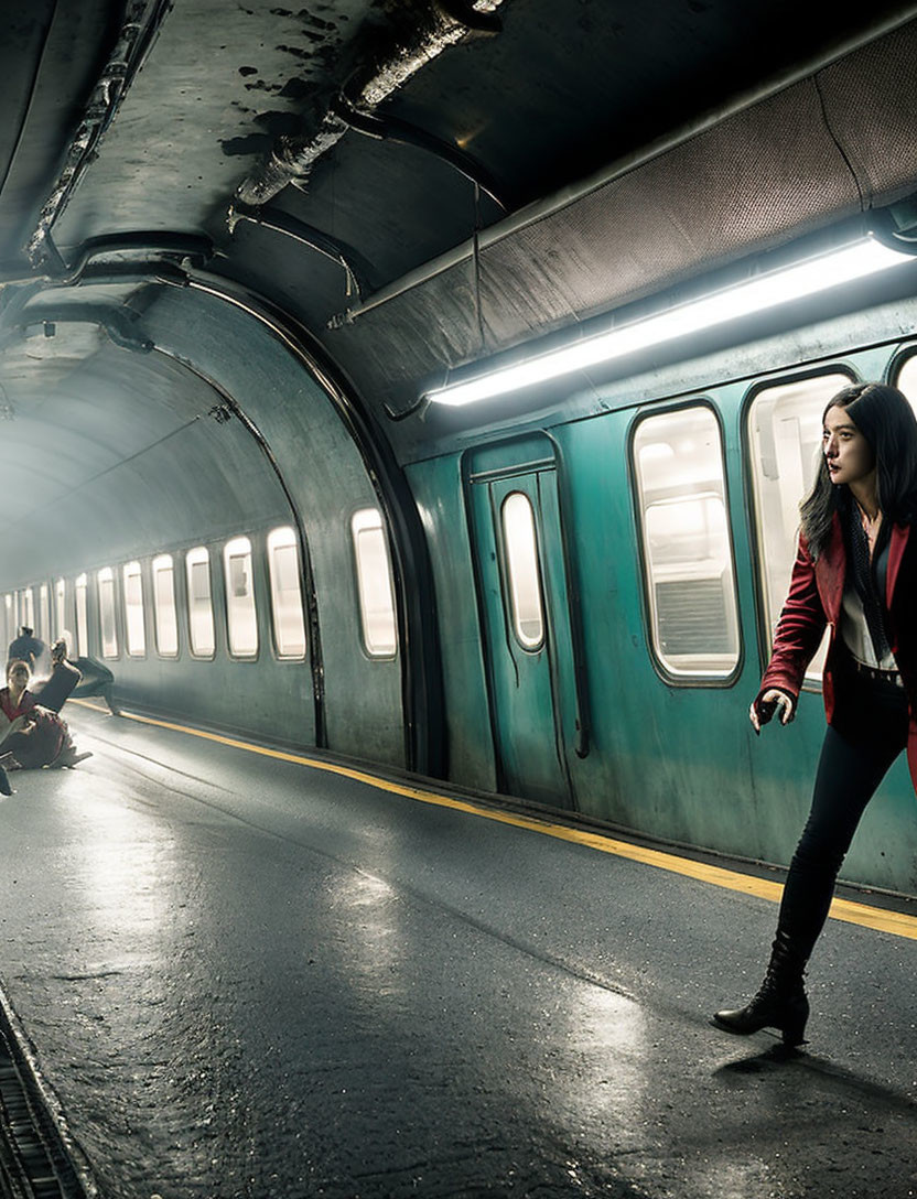 Woman exiting subway train onto dimly lit platform with scattered passengers.