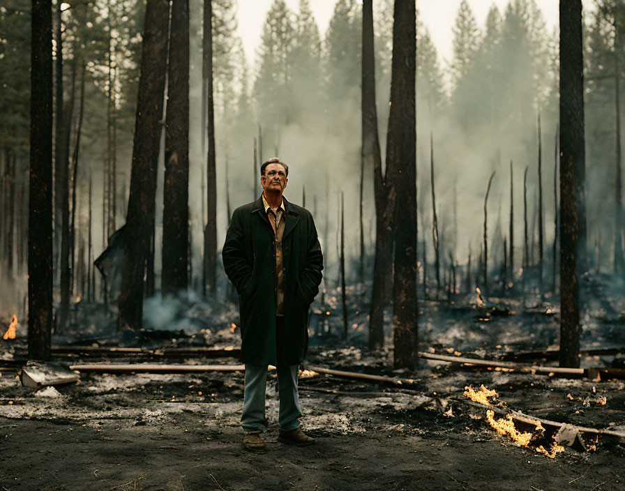 Man standing in burnt forest with charred trees and small fire