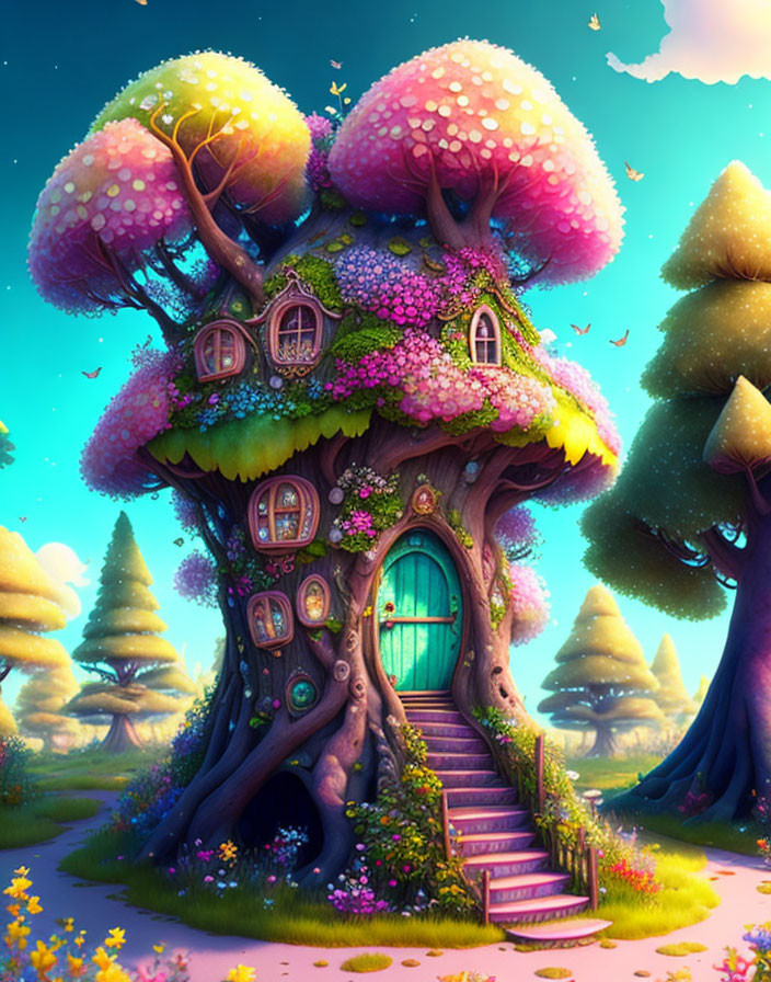 Colorful Mushroom House in Enchanted Forest with Round Windows