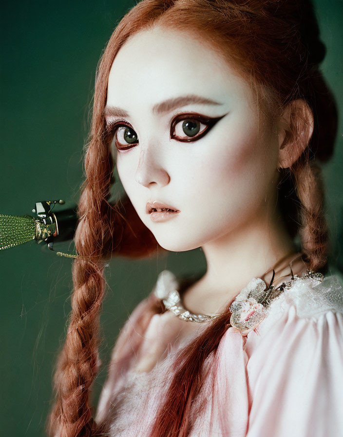 Voluminous hair in braid, doll-like makeup, pastel dress, metallic accessory