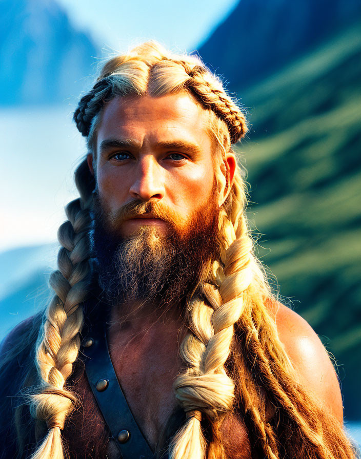 Bearded man with long blond hair and blue eyes against mountain backdrop