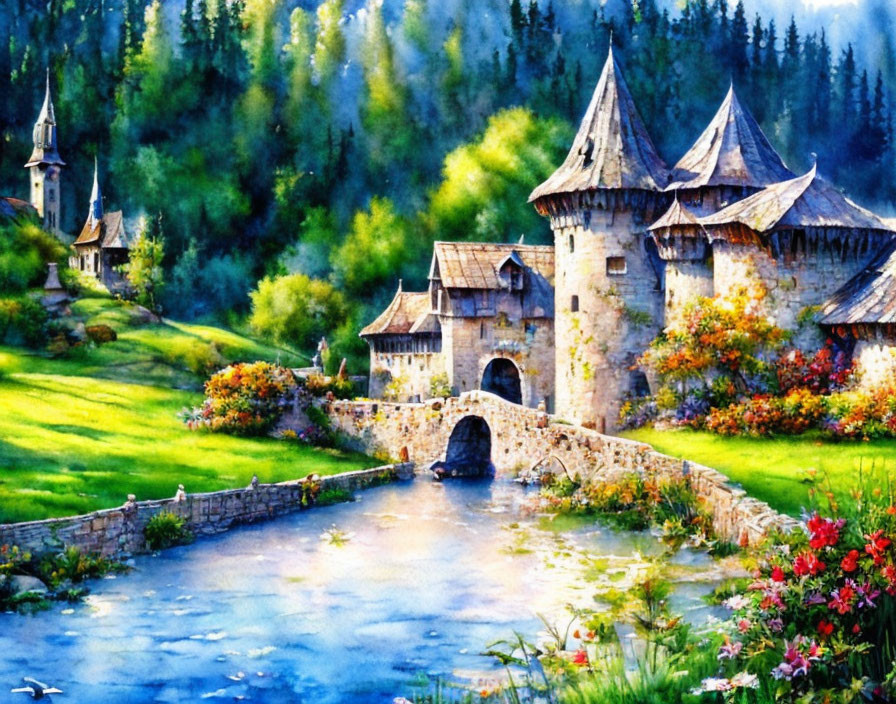 Medieval stone castle painting in lush floral landscape