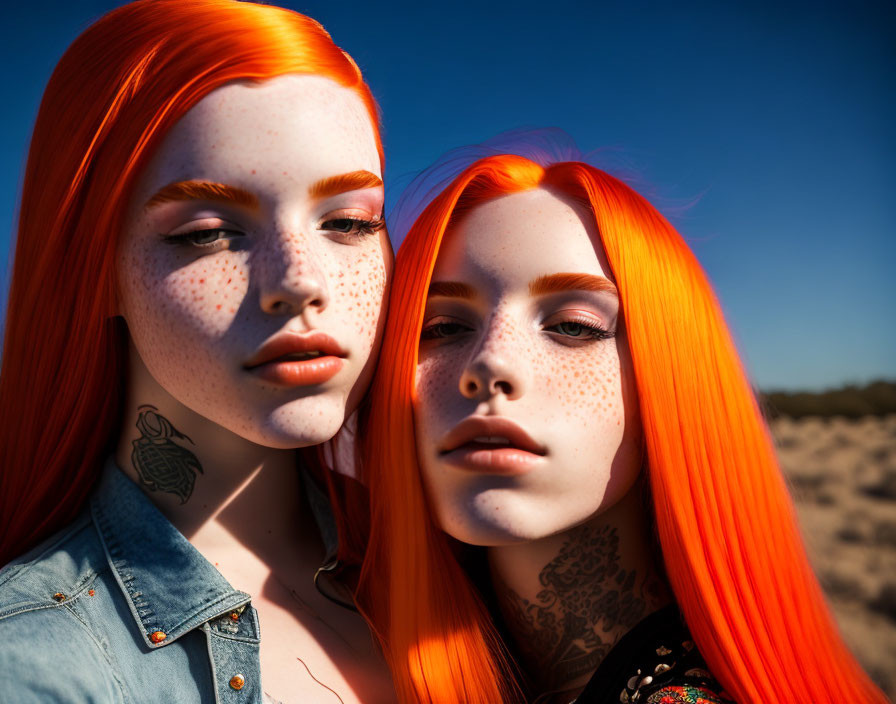 Two individuals with vibrant orange hair and freckles in a desert setting