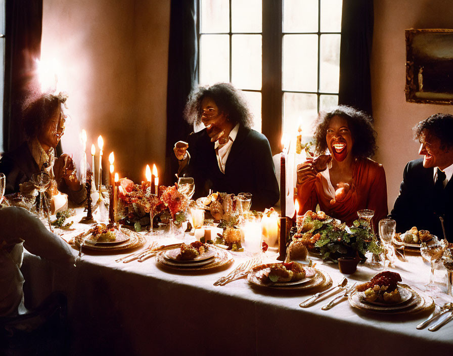 Joyful People at Festive Candlelit Dinner with Lavish Spread