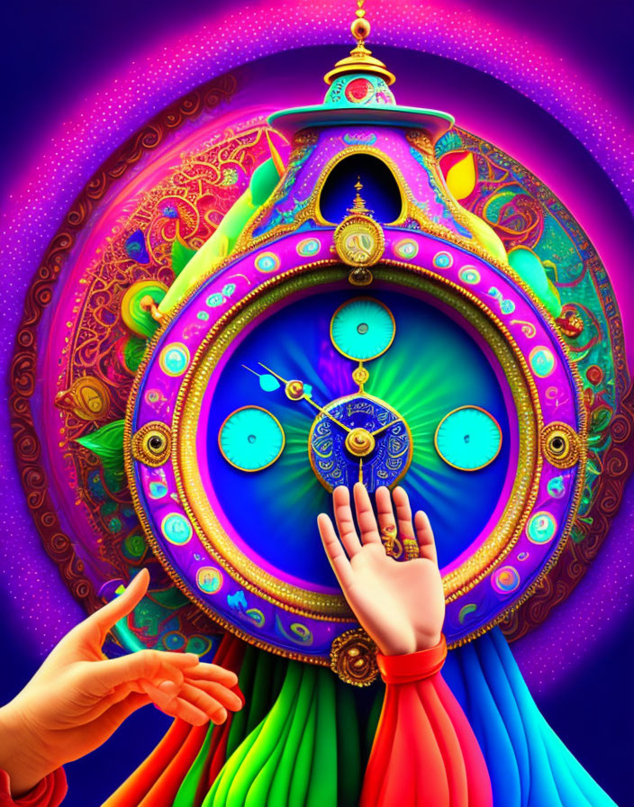 Colorful Psychedelic Clock Illustration with Cosmic Theme