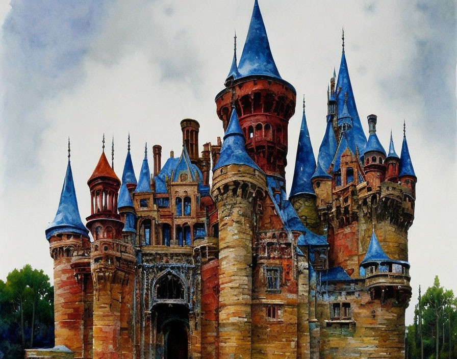 Medieval castle watercolor painting with spires and turrets under cloudy sky