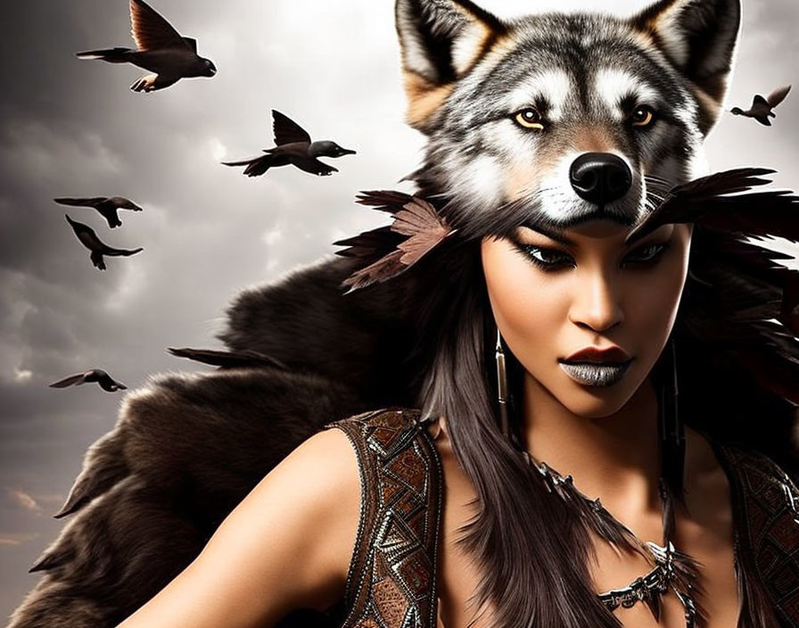 Woman in warrior attire merges with wolf against bird-filled sky