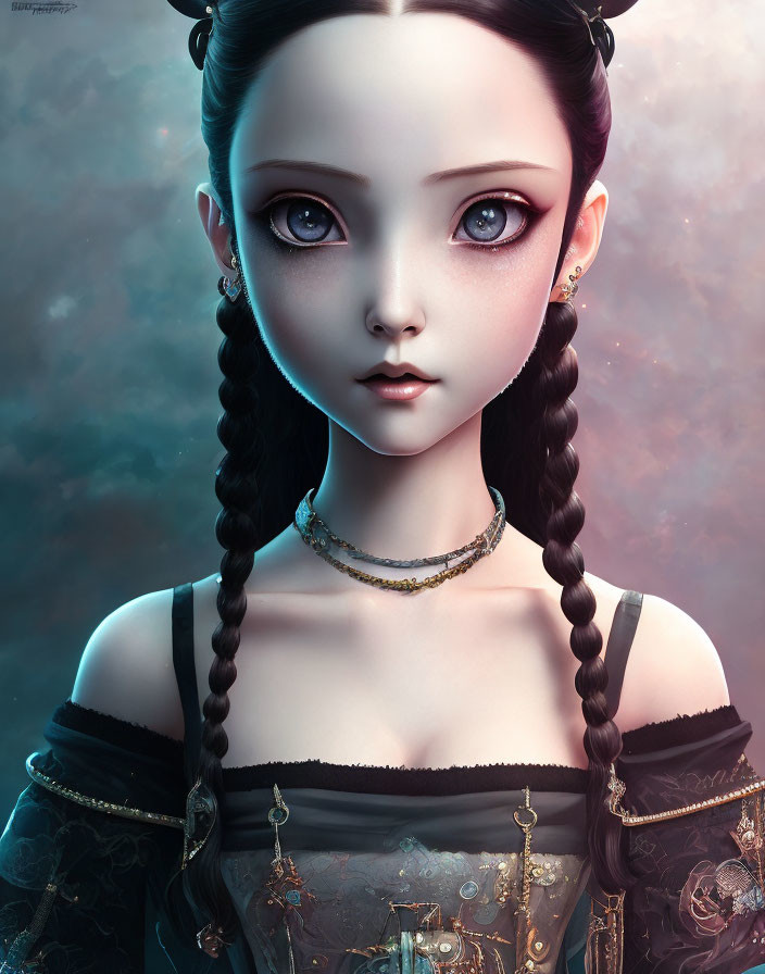 Female character digital artwork: expressive eyes, braided dark hair, piercings, intricate attire,