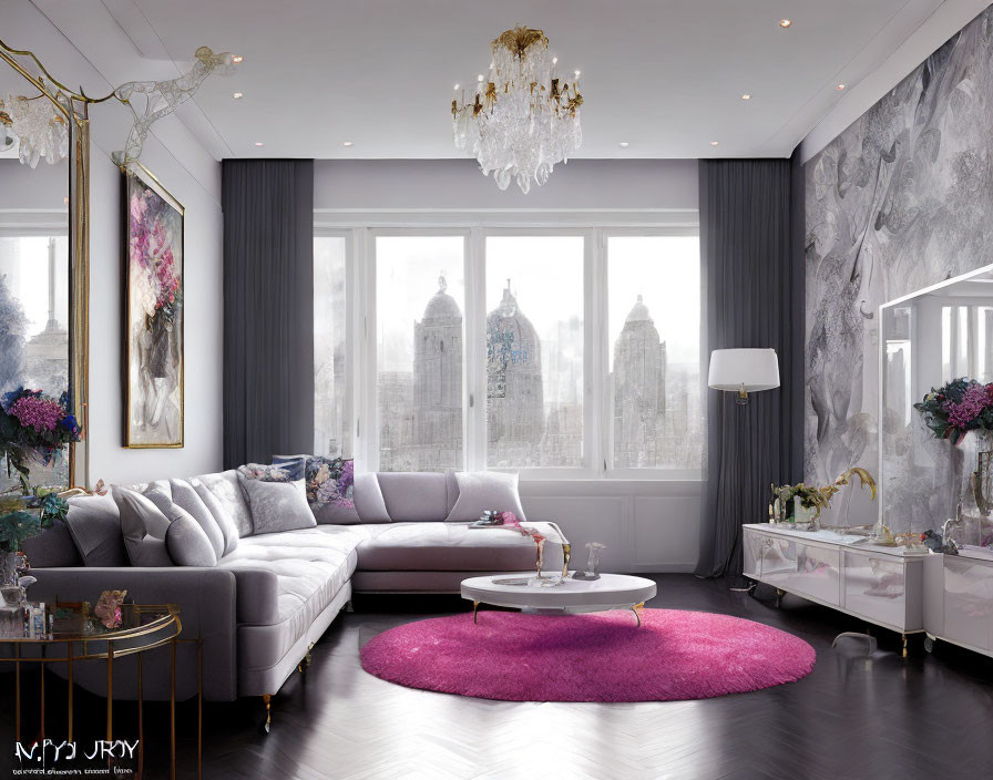 Sophisticated living room with gray sectional sofa, purple rug, white furniture, large windows, and