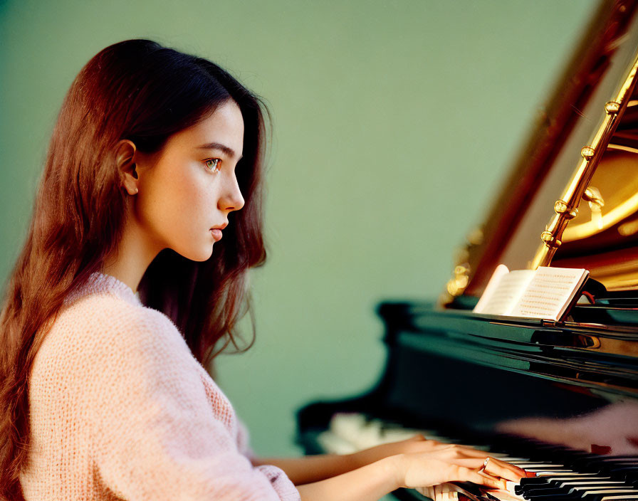 Woman in pink sweater playing grand piano with sheet music, green wall room