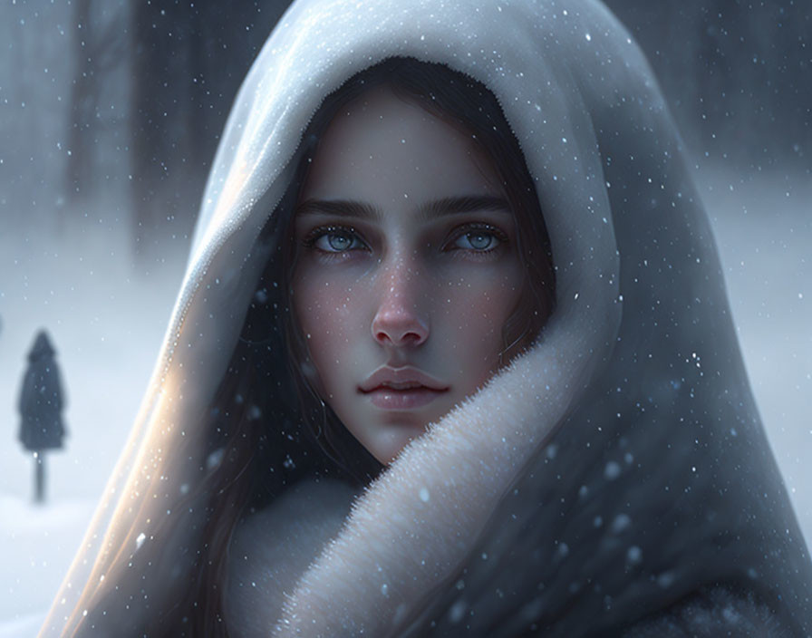Person with shrouded head and blue eyes in snowfall scene