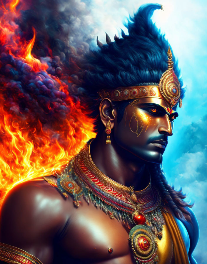 Blue-skinned male figure with golden crown and jewelry in fiery backdrop