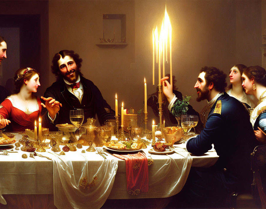 19th-Century Dinner Party Scene with Elegantly Dressed Guests