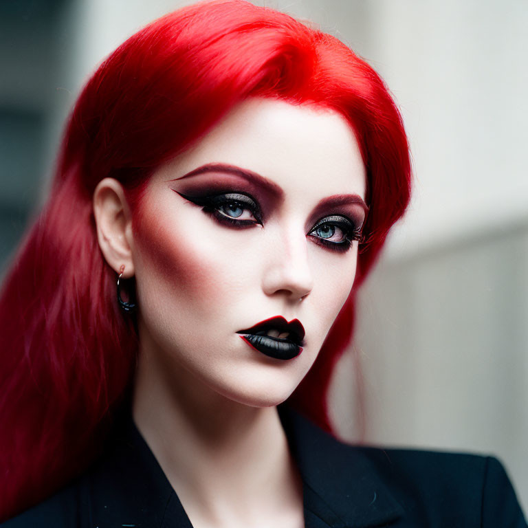 Person with Vibrant Red Hair and Bold Makeup in Black Outfit