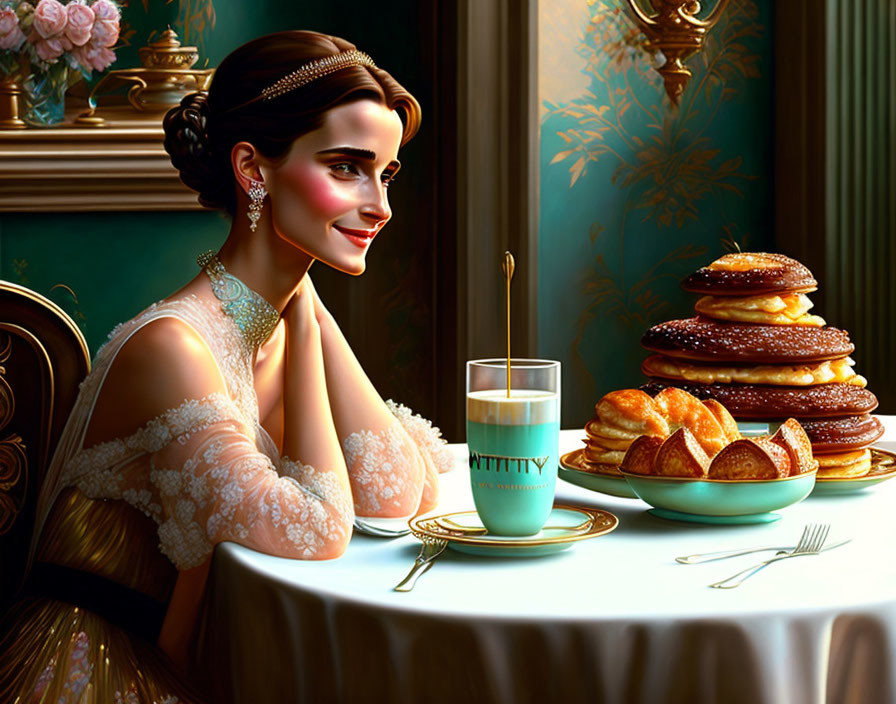 Smiling woman in fancy dress with pancakes and pastries at elegant table