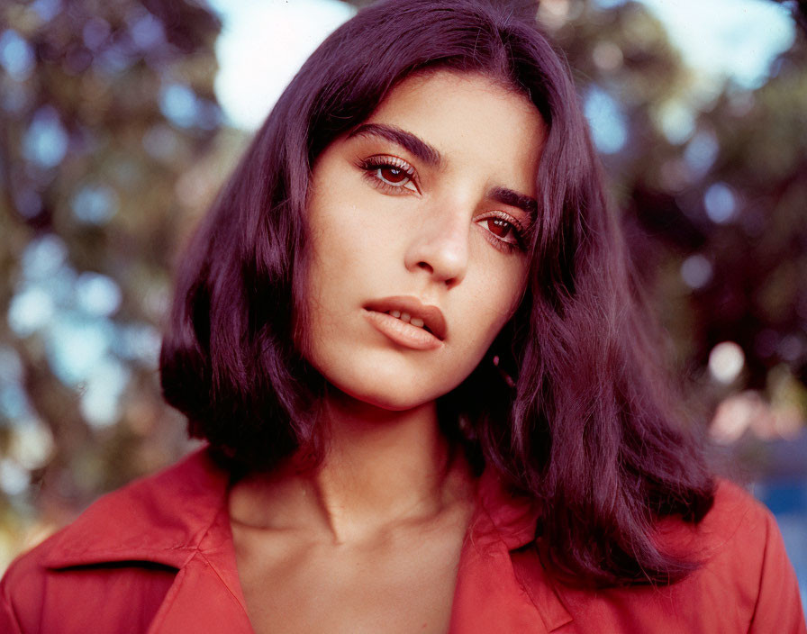 Dark-haired woman with striking eyes gazing at camera amid blurred trees