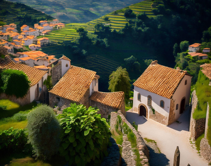 Scenic village with terracotta-roofed houses and vineyards