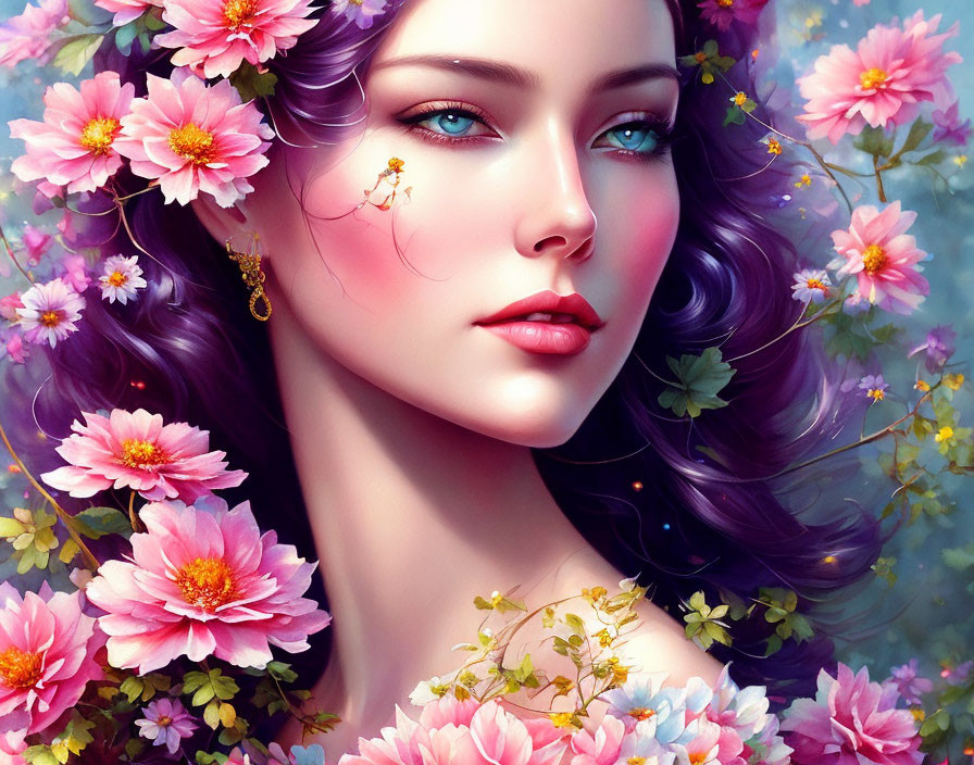 Purple-haired woman with blue eyes among pink flowers and delicate bloom on cheek