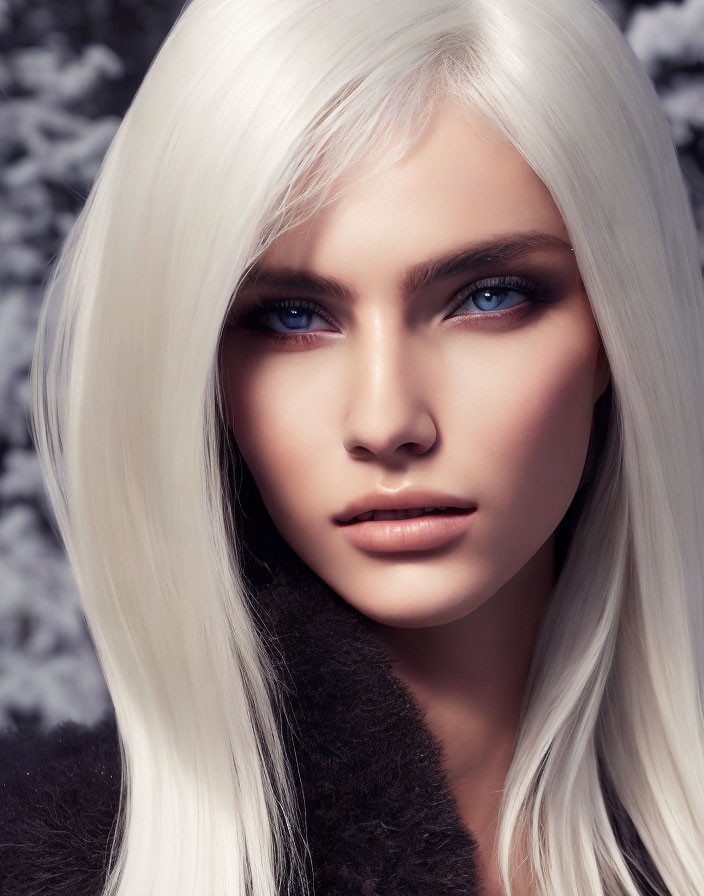 Portrait of woman with blue eyes, platinum blonde hair, black furry outfit, snowy backdrop