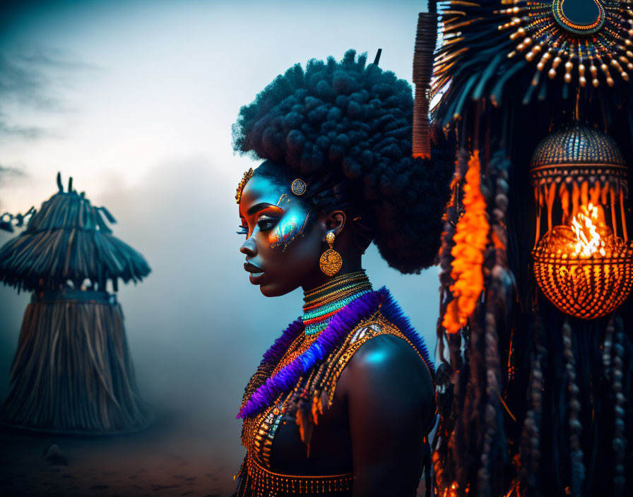 Elaborately adorned woman in moody setting with lanterns & hut